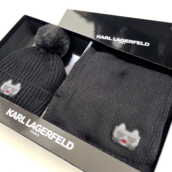 New 2pc Karl Lagerfeld Paris Hat Scarf Box Set Rhinestones Patch